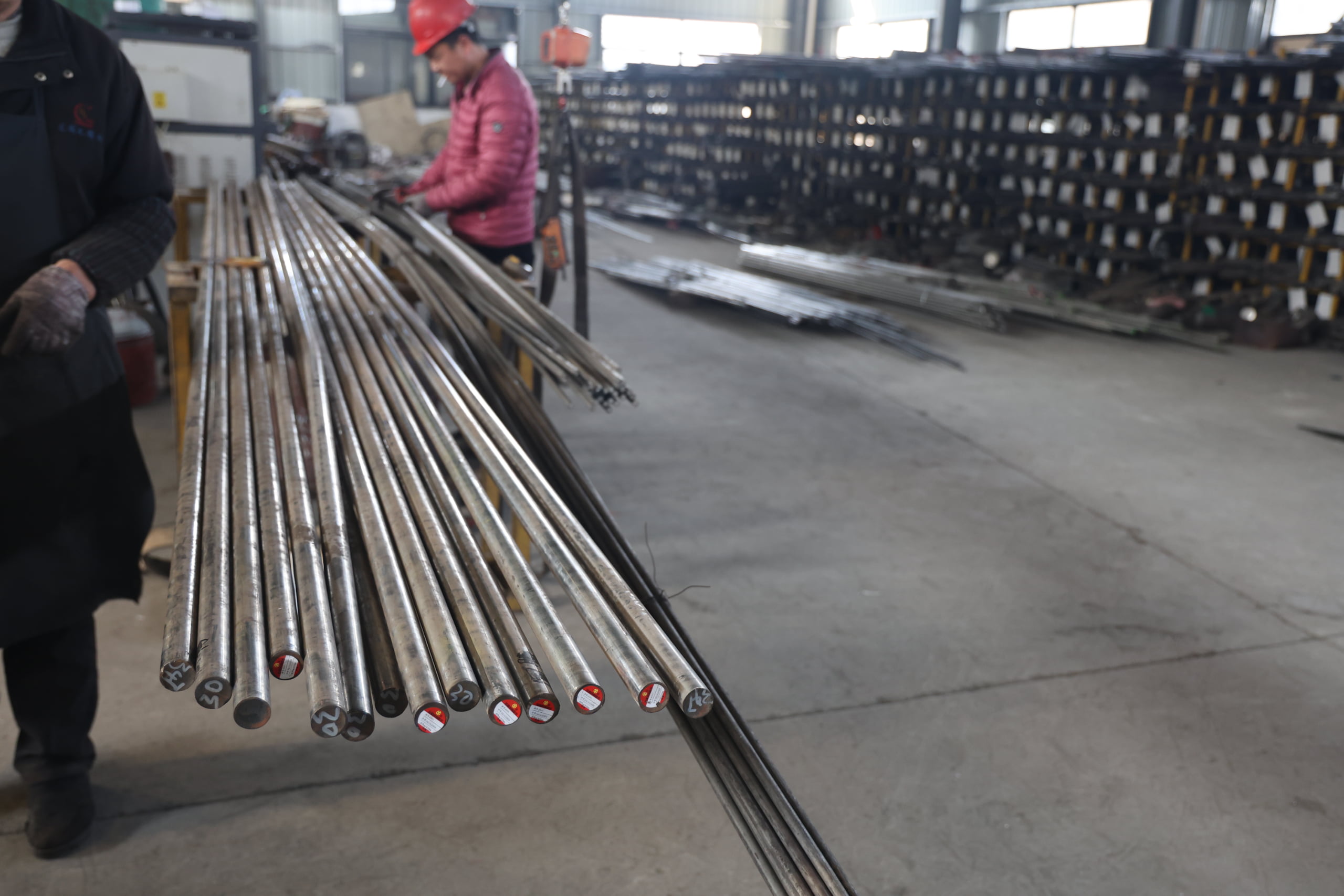 Steel bars handled in the factory